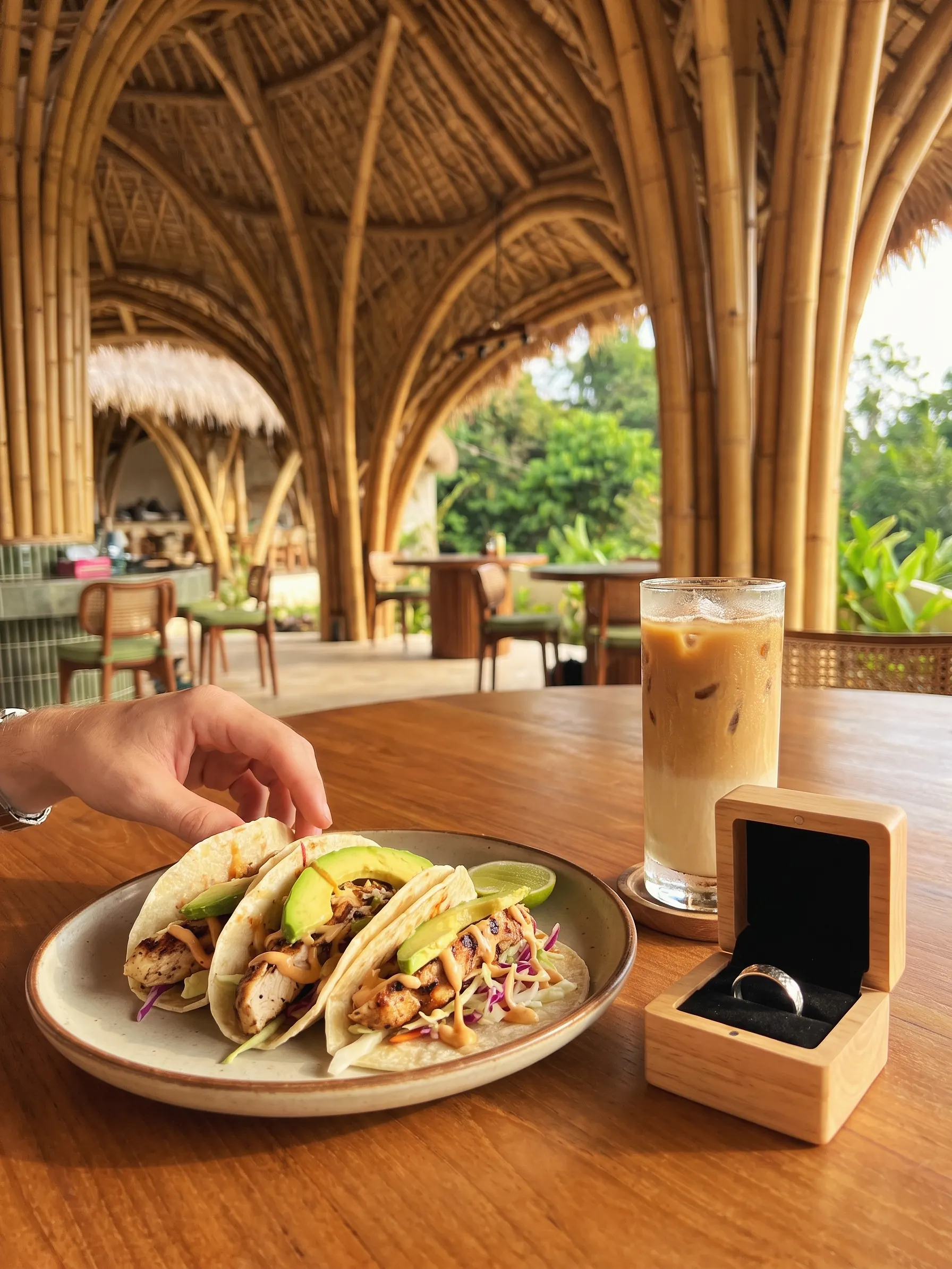 Chicken tacos, an iced caramel latte and a hammered silver ring in its wooden box in the bamboo main house